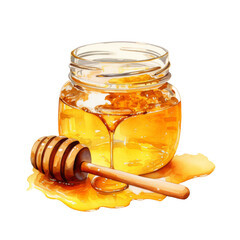A watercolor illustration of a glass honey jar with golden honey dripping and a wooden dipper resting beside it, set on a white background. Sweet and natural food concept png