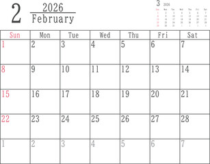 日曜だけ色付きのシンプルな2026年2月のマンスリーカレンダー素材