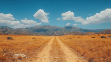 Fototapeta premium Open road through golden meadow to distant mountains