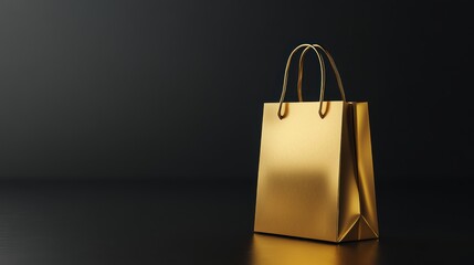 Golden 3D rendered paper shopping bag icon, minimalist design with black background and space for text, perfect for retail themes