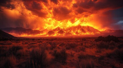 Fiery landscape under a dramatic, orange-lit cloudscape over mountains and plains