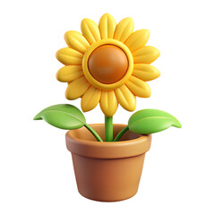 Obraz premium Sunflower in a pot. Cartoon plastic style icon 3d rendering isolated on white background, png.