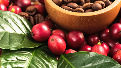 Fresh red coffee beans in a basket
