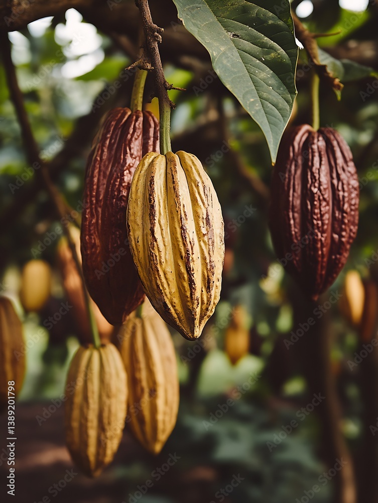 Poster ripe cacao pods hanging on a tree branch ready for harvesting in a lush tropical setting : generativ