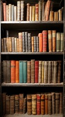 Dusty shelves laden with rows of old books and maps - rolled neglected historical book yellowed