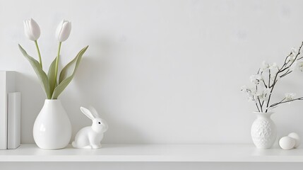A minimalist Easter scene features a white ceramic bunny figurine next to a white vase holding two pale pink tulips