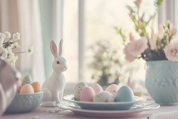 A soft pastel Easter table features a porcelain bunny and hand-painted eggs
