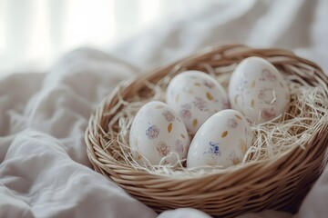 Decorated Easter eggs nestled in straw within a small round woven basket on a soft white fabric
