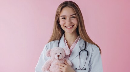 Young caucasian female pediatrician smiling with teddy bear on pink background