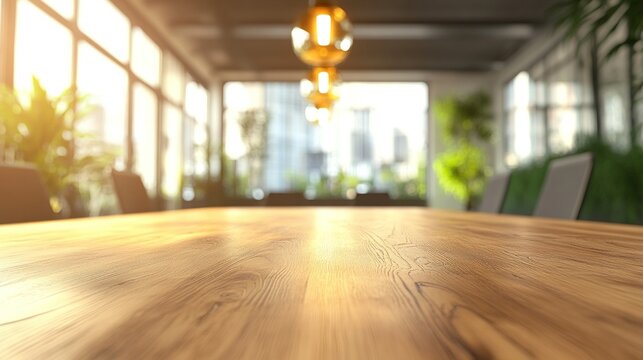 Modern minimalist office meeting table with warm wood tones, conveying professionalism and simplicity in workspace design.