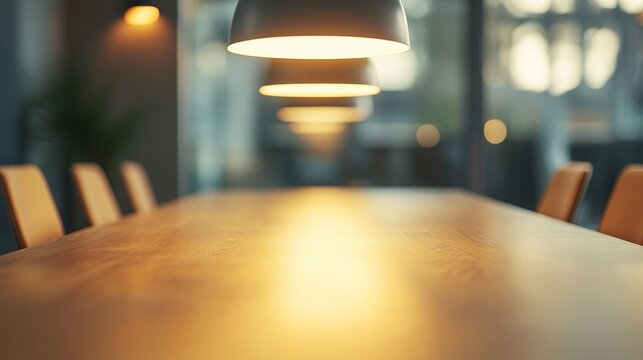 Modern minimalist office meeting table with warm wood tones, conveying professionalism and simplicity in workspace design.