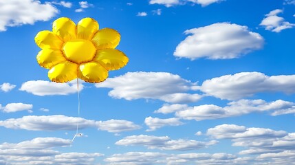 A yellow flower shaped balloon floats in the blue sky