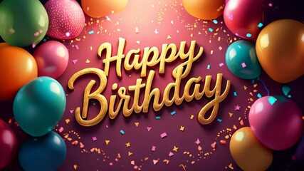 Happy birthday message displayed in bold golden lettering surrounded by colorful balloons and confetti. Celebratory atmosphere with lively party elements