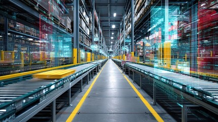 Fototapeta premium Modern Warehouse Interior with Automated Conveyor Belts in Action