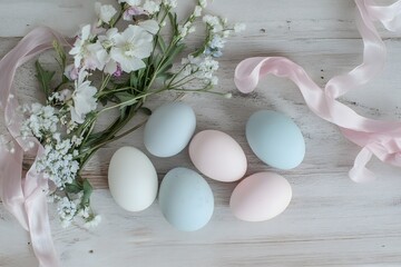 Pastel-colored Easter eggs arranged on a weathered wooden surface alongside delicate flowers and a flowing pink ribbon