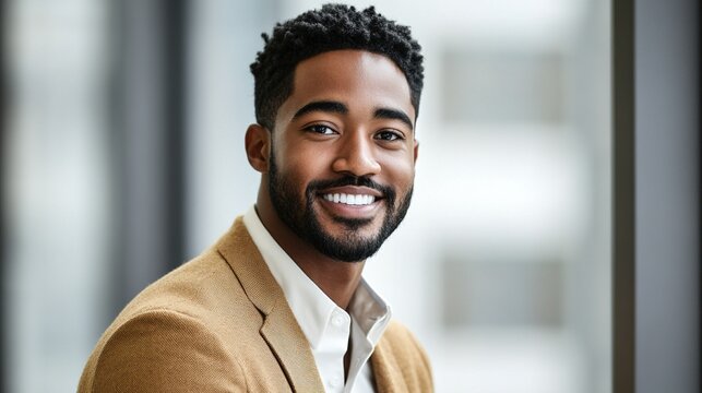 Confident businessman in formal wear with a warm smile, embodying professionalism and success