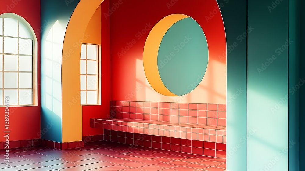 Poster a vibrant and artistic interior design featuring colorful architectural elements and sunlight : gene