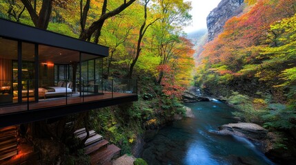 Obraz premium Modern cabin nestled in autumn forest