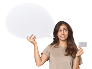 Young Middle Eastern woman with credit card, speech bubble