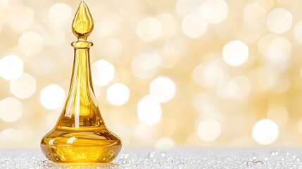 Elegant Gold Perfume Bottle with Sparkling Background and Soft Bokeh Lights