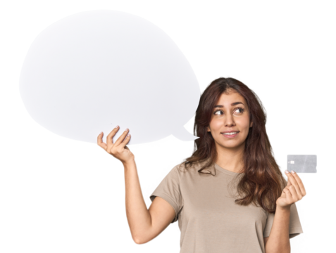 Young Middle Eastern woman with credit card, speech bubble - Powered by Adobe