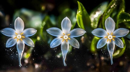 Three Delicate White Flowers with Vibrant Petals Against a Lush Green Background