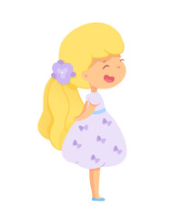 A cheerful girl with long blonde hair smiles brightly while wearing a playful dress that features butterfly motifs. She stands confidently with one hand on her hip, radiating joy.