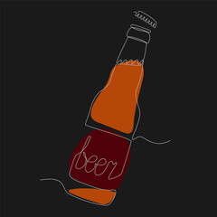 Single one-line drawing of beer bottle with flying cap on black background. Drinks concept. Continuous white line. Lineart