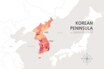 3.KOREAN PENINSULA1. A map of the Korean Peninsula divided by various red tones on the background of a map of Northeast Asia