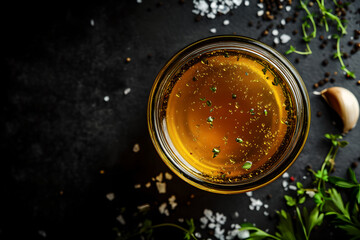 Herb infused broth in transparent jar on dark surface with copy space. Culinary ingredient. Home cooking, warmer recipes of food