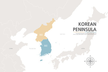 5.KOREAN PENINSULA3. A map of North and South Korea separated by colors on the background of a map of Northeast Asia.