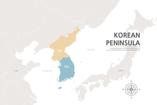 5.KOREAN PENINSULA3. A map of North and South Korea separated by colors on the background of a map of Northeast Asia.