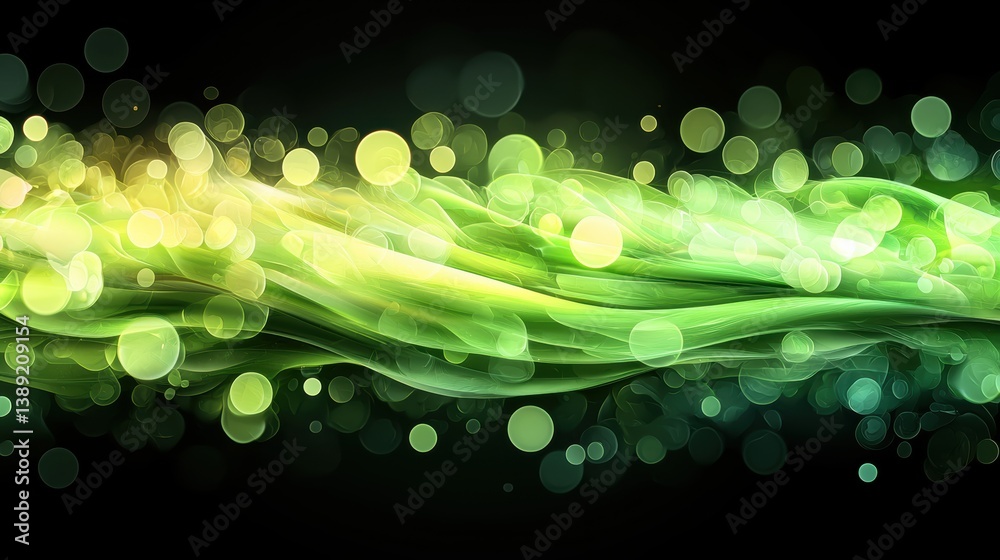 Poster a vibrant abstract design featuring fluid green waves and glowing bokeh effects, perfect for backgro