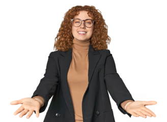 Young Caucasian redhead in business attire showing a welcome expression.