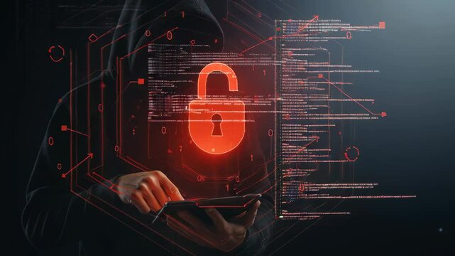 Individual in hooded attire engages with tablet showcasing glowing digital padlock and security icons. Dark atmospheric setting emphasizes cybersecurity concepts