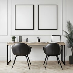 Modern Minimalist Office Workspace with Black Chairs and Empty Picture Frames on White Walls