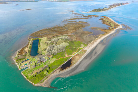 Aerial view of a Marinetta Island in Mariano lagoon, Italy