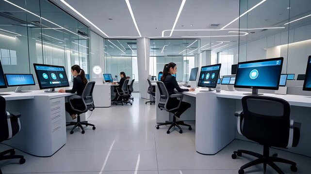 Modern office with multiple employees working at computer desks, using large monitors for digital tasks in a clean, well-lit space

