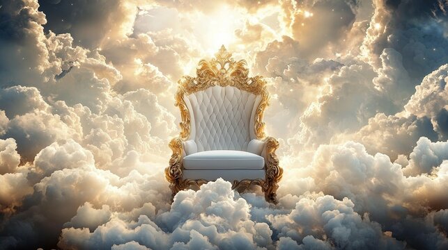 Magnificent White Throne Surrounded by Ethereal White Clouds in a Serene Sky