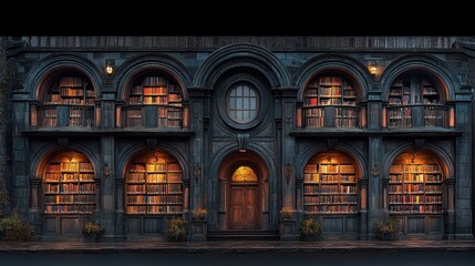 Dark, ancient library facade