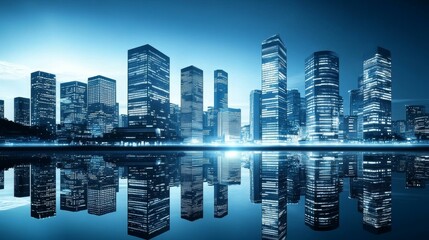 Obraz premium Futuristic Financial District Modern Skyscrapers and Graphic Perspectives with Reflections - Architectural Blue Background for Corporate Brochures and Business Templates
