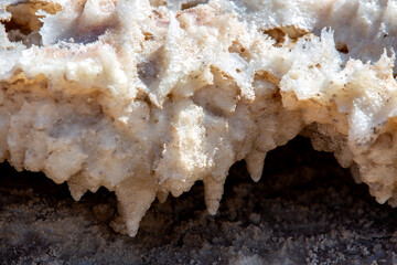 Natural salt stalactites crystals at the Dead Sea