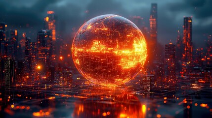 Fototapeta premium Futuristic Cityscape: Glowing Sphere Network in a Cyberpunk Metropolis