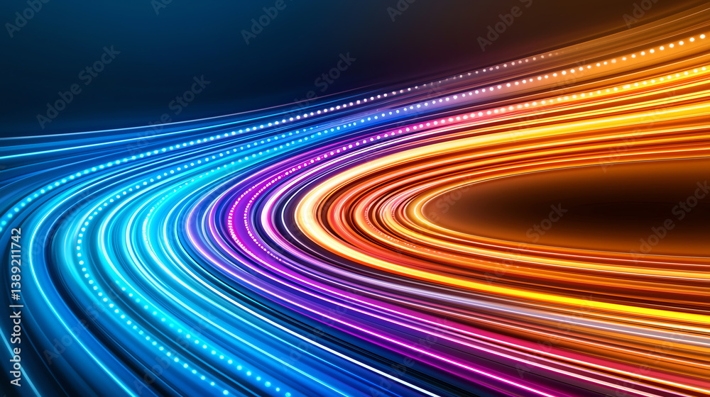 Poster a vibrant display of flowing lights creating dynamic patterns in blue, orange, pink, and purple, rep