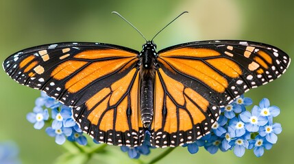 Fototapeta premium Monarch Butterfly with Open Wings Resting on Blue Flowers in a Natural Garden Setting