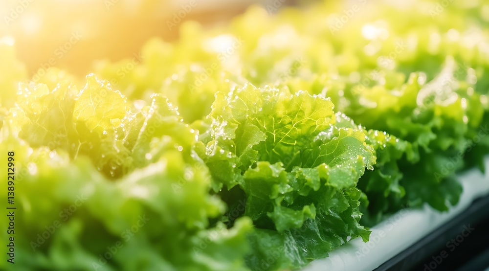 Poster fresh crisp green lettuce rows illuminated by soft morning sunshine : generative ai