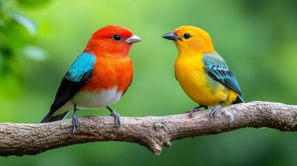Obraz premium Vibrant Birds Sitting on Branch in Natural Green Environment