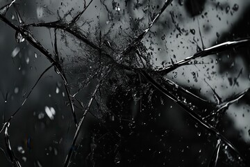 Black cracked glass showcasing water droplets and interesting light reflections