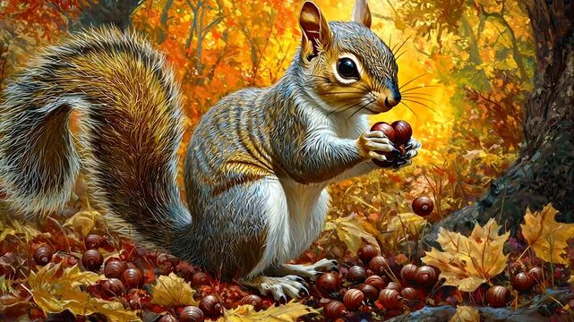 Autumnal squirrel amidst fallen leaves, enjoying nuts