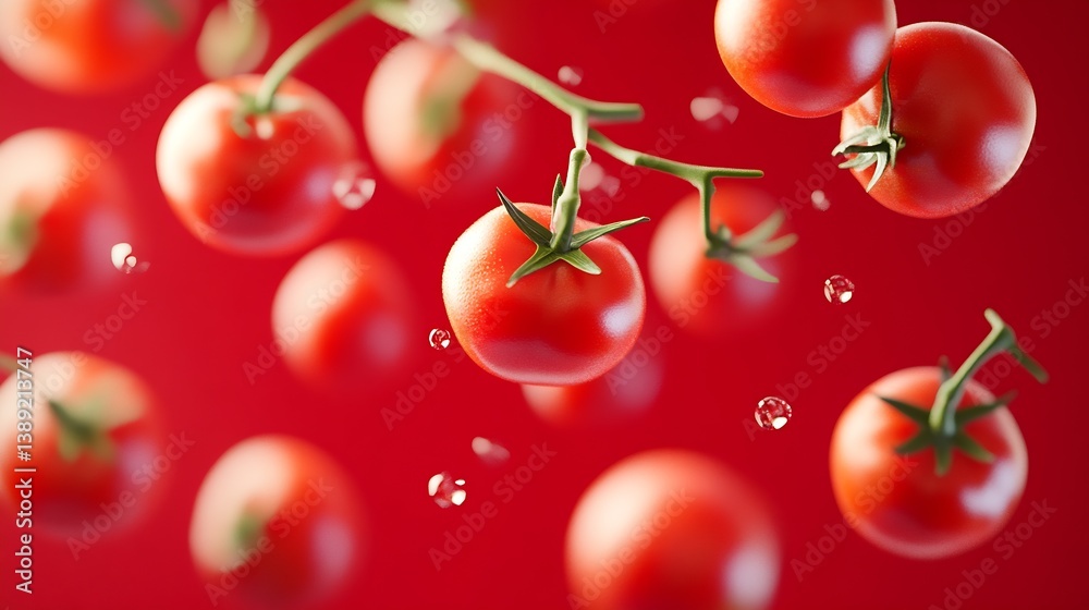 Poster Fresh ripe tomatoes on vine splashing against a vibrant red background creating lively imagery : Generative AI